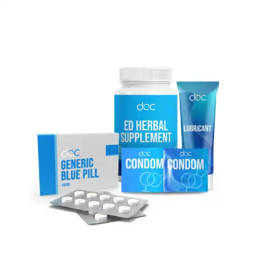 Doctor Approved Playtime Pleasure (Generic Blue Pill 100mg + ED Herbal Supplement + Condom + Lubricant) Bundle